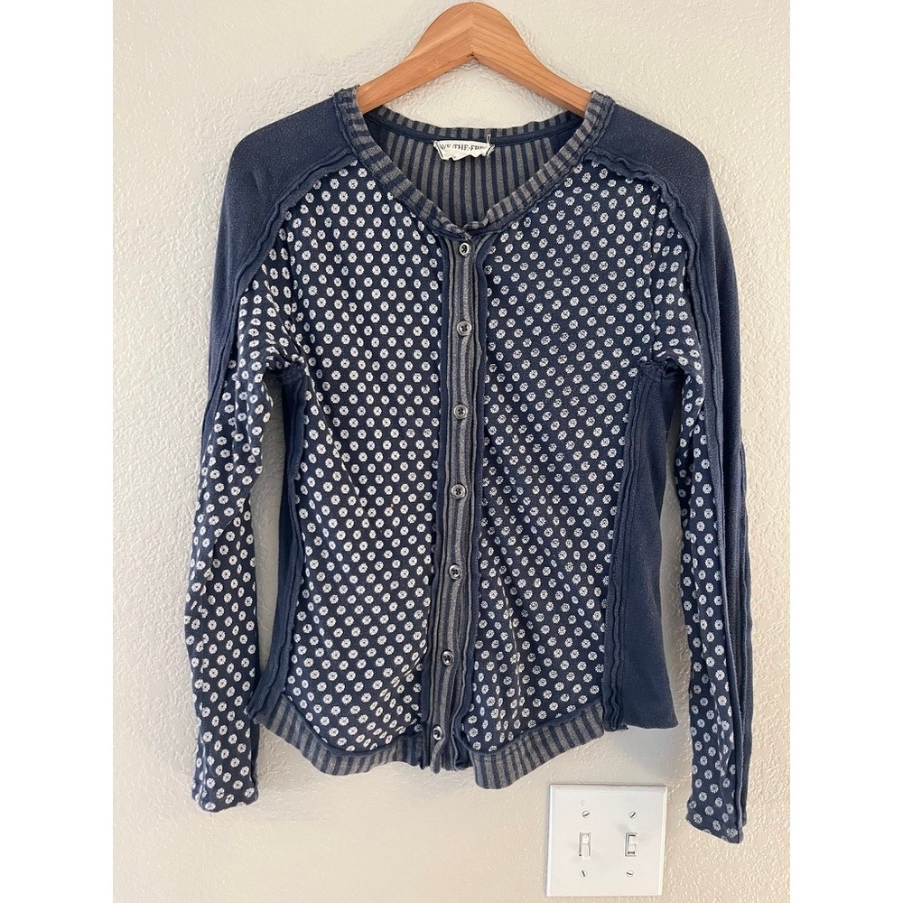 We The Free Free People Navy Floral Striped Cotton Cardigan Sweater Womens Large